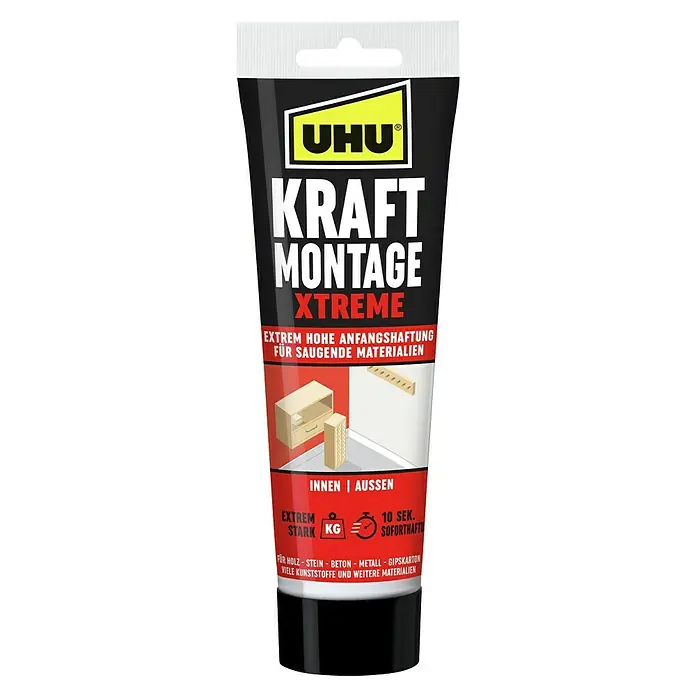 UHU Kraft Montagekleber Xtreme - 175 g, Tube - Abbildung einer Tube UHU Kraft Montage Xtreme, einem extrem starken Montagekleber für saugende Materialien, geeignet für Innen- und Außenbereiche.