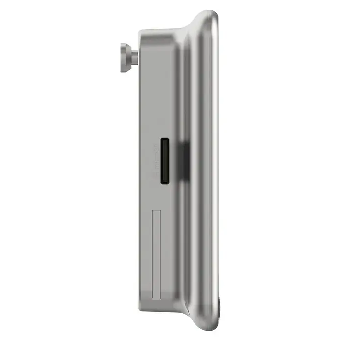 EZVIZ Digitaler Türspion DP2 2K - Silber, 1.920 x 1.080 Pixel (Full HD), Erfassungswinkel: 166 ° - Silbernes elektronisches Gerät im Detail, das robuste Design und die feinen Anschlussdetails hervorhebt.