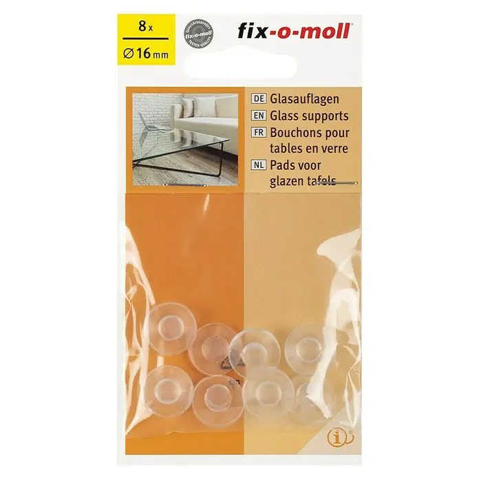 Fix-o-moll Taco de goma - Plástico, 8 ud., Diámetro: 16 mm - Paquete de soportes de vidrio Fix-o-moll, 8 unidades, 16 mm de diámetro, diseñado para proporcionar una base segura y estable para tableros de vidrio.