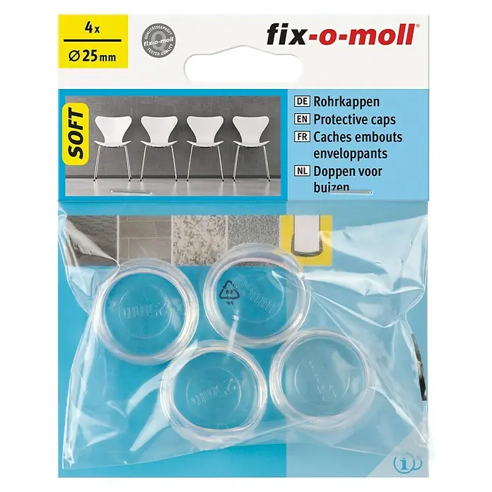 Fix-o-moll Tapón para tubo - Diámetro: 25 mm, Transparente - Imagen de un paquete de 4 tapas protectoras Fix-o-moll con Ø25mm, diseñadas para proteger muebles y suelos. Diseño suave para uso universal.