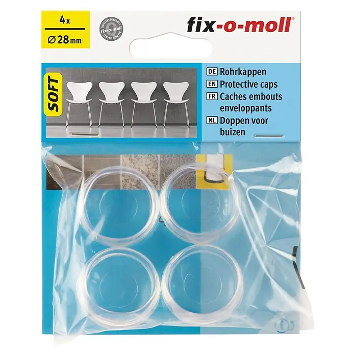 Fix-o-moll Tapón para tubo - Diámetro: 28 mm, Transparente - Paquete de tapas protectoras Fix-o-Moll, 4 unidades, diámetro 28mm. Ideal para proteger suelos y muebles de arañazos y daños.
