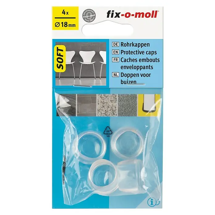 Fix-o-moll Tapón para tubo - Diámetro: 18 mm, Transparente - Imagen de un paquete de tapas protectoras Fix-o-Moll, de 18 mm de diámetro. Ideal para proteger tubos y superficies.
