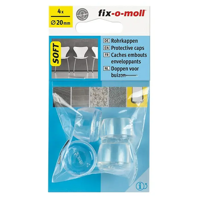 Fix-o-moll Tapón para tubo - Diámetro: 20 mm, Transparente - Imagen del producto de tapones protectores fix-o-moll, 4 unidades, Ø20mm, SOFT, para proteger patas de muebles y suelos.