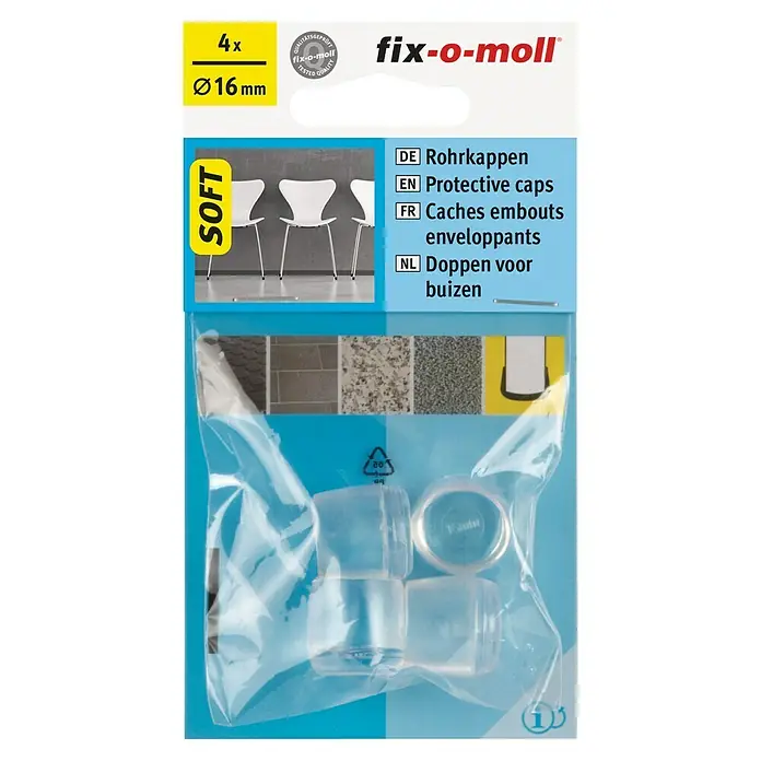 Fix-o-moll Tapón para tubo - Diámetro: 16 mm, Transparente - Imagen de un paquete de 4 tapones protectores de Fix-o-moll, de 16 mm de diámetro, para tubos, que ofrecen protección suave, aptos para sillas.