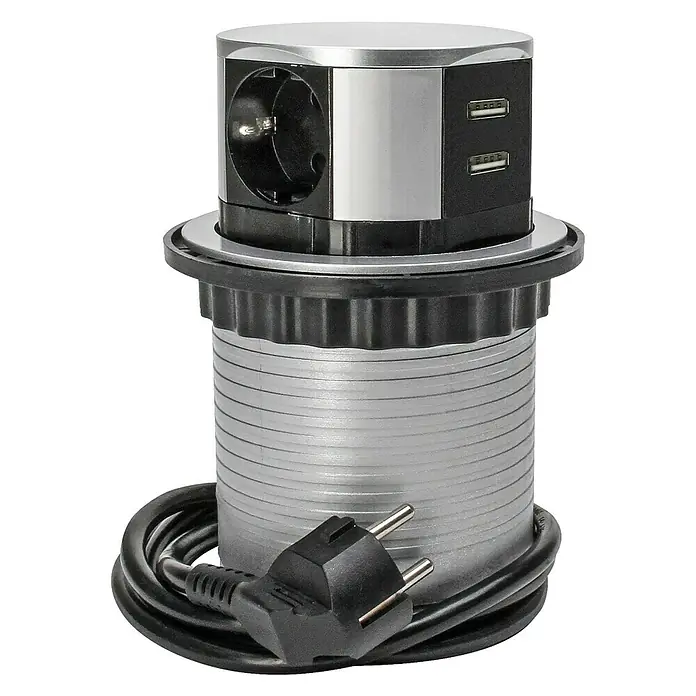 Steckdosensäule - Kunststoff - Ein versenkbarer Steckdosenturm mit USB-Anschlüssen, ideal für moderne Büros oder Küchen, die Funktionalität und elegantes Design vereinen.