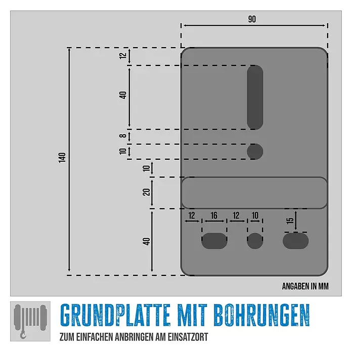 Güde Gurtwinde GGHW 540/8 - Tragkraft: 540 kg - Technische Zeichnung einer grauen Grundplatte (90x140 mm) mit Bohrmaßen für eine einfache Montage.