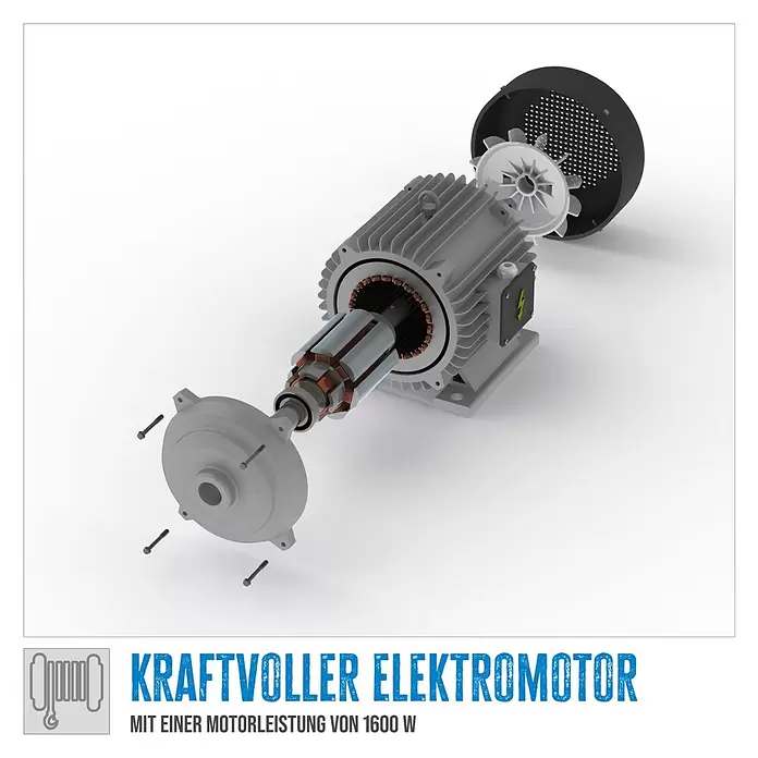 Güde Elektro-Seilhebezug GSZ 500/1000 -  - Explosionszeichnung eines kraftvollen 1600W Elektromotors, der Rotor, Stator, Lüfter und Gehäuse zeigt.