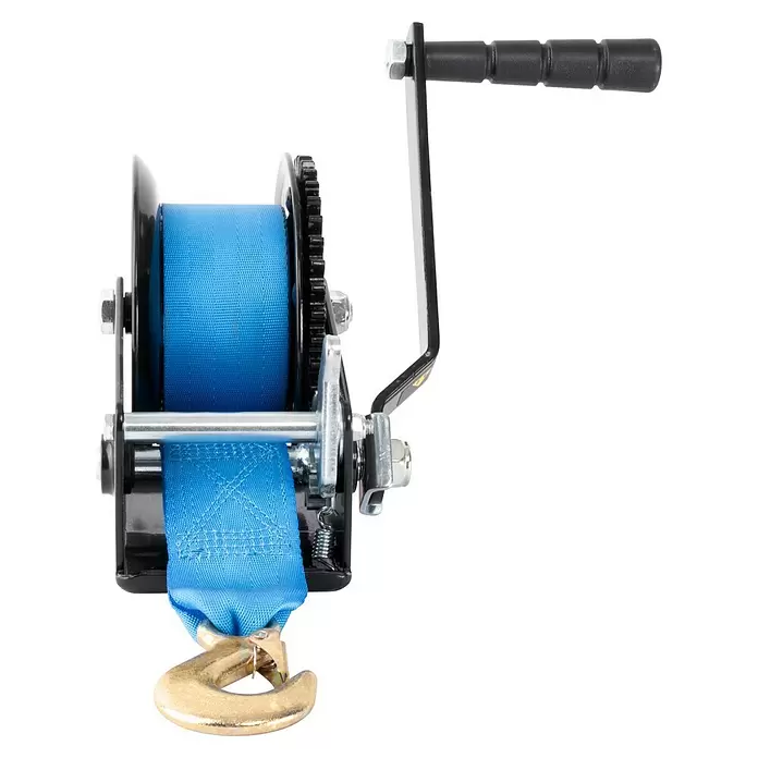 Güde Gurtwinde GGHW 540/8 - Tragkraft: 540 kg - Schwarze Handwinde mit blauem Gurtband und Messinghaken.