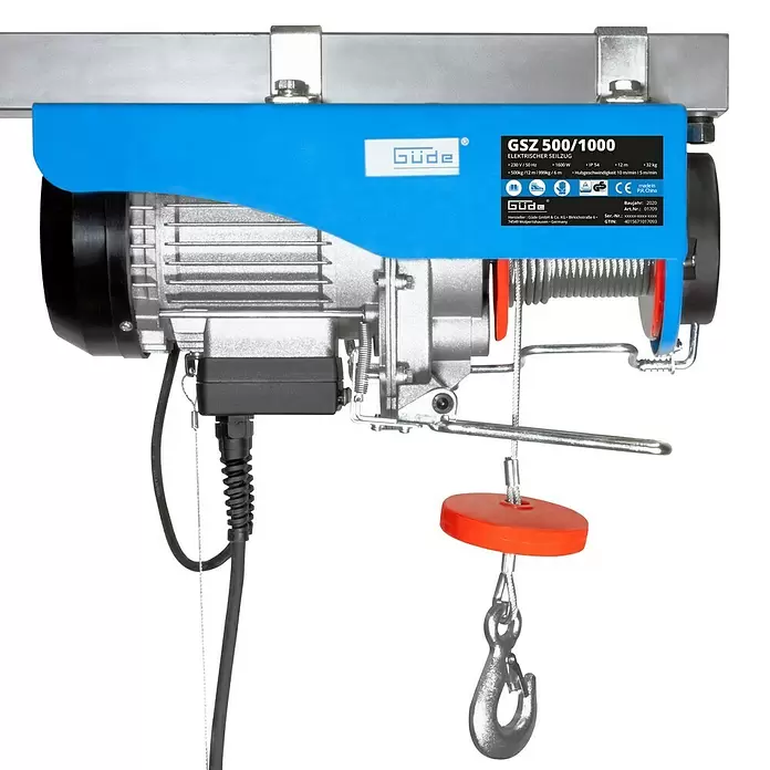 Güde Elektro-Seilhebezug GSZ 500/1000 -  - Blauer und silberner Elektroseilzug mit Drahtseil, Sicherheitsblock und Metallhaken, montiert an einer grauen Schiene.