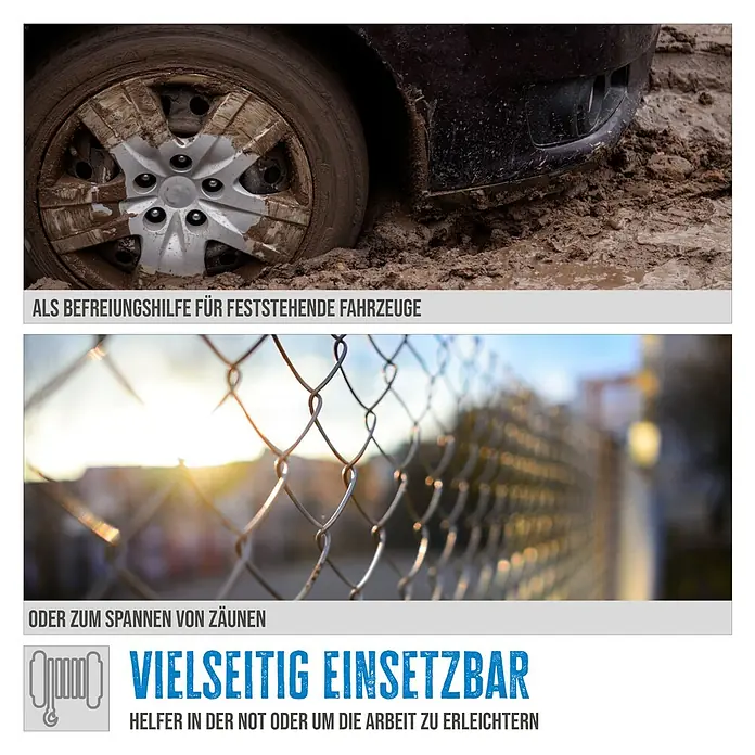 Güde Handhebelseilzug HS 2000 - Durchmesser Seil: 4,5 mm - Bildmontage mit einem im Schlamm steckenden Auto und einem Maschendrahtzaun, hervorgehobene Vielseitigkeit des Produkts.