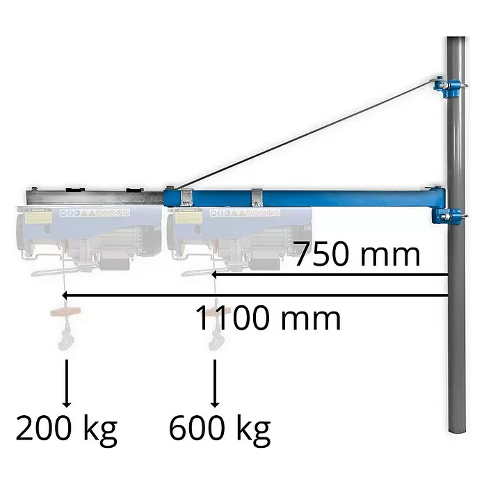 Güde Schwenkarm 1200 - Tragkraft: 600 kg - Blauer Hebearm mit Stützkabel, an Stange montiert, zeigt Windenpositionen (750mm, 1100mm) und Tragfähigkeiten (600kg, 200kg).