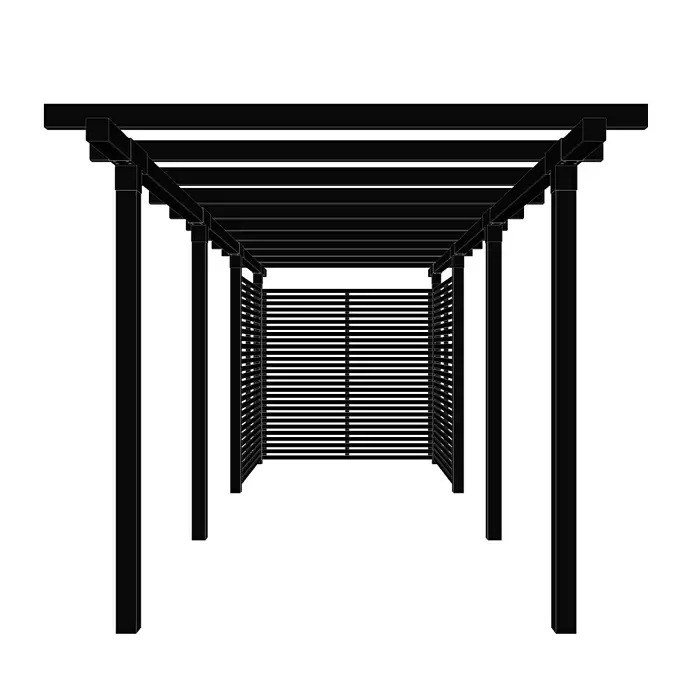 Plus Pergola Cubic 3 tlg. - L x B x H: 664 x 238 x 217 cm, Holz, Inkl. Tokyozaun, Schwarz RAL 9005 - Schwarze, tunnelartige Pergola-Struktur mit Lamellendach und Seitenwänden.