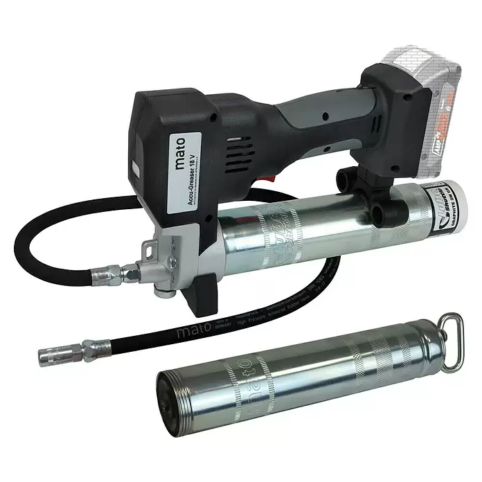 Mato Akku-Fettpresse Basic-S-LS - 18 V, Ohne Akku, Max. Druck: 700 bar - Mato 18V Akku-Fettpresse in Schwarz und Silber, mit Schlauch und Ersatz-Lube Shuttle Fettkartusche.