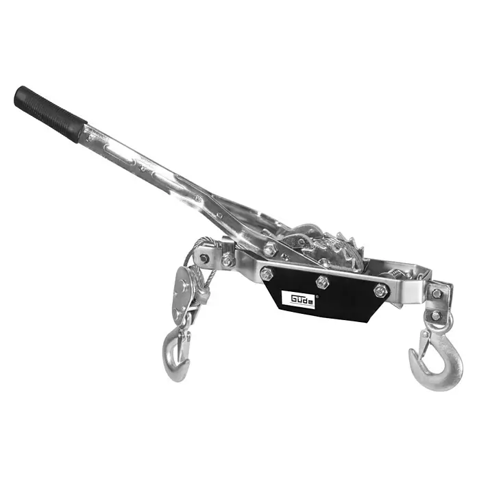 Güde Handhebelseilzug HS 2000 - Durchmesser Seil: 4,5 mm - Handseilwinde aus silbernem Metall mit schwarzem Griff und Haken zum Ziehen und Heben.