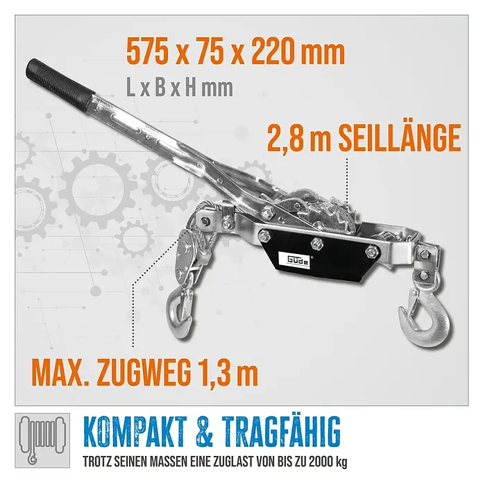 Güde Handhebelseilzug HS 2000 - Durchmesser Seil: 4,5 mm - Produktdarstellung: Güde Seilzug mit den Maßen 575 x 75 x 220 mm, Seillänge 2,8 m, max. Zugweg 1,3 m, kompakt und tragfähig bis 2000 kg.