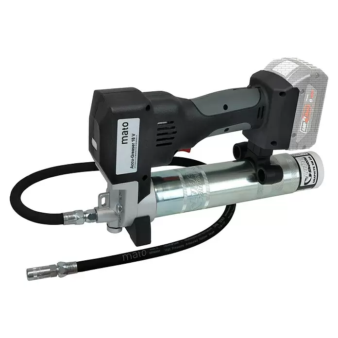 Mato Akku-Fettpresse Basic-LS - 18 V, Ohne Akku, Max. Druck: 700 bar - Schwarz-silberne Mato Accu-Greaser 18V Akku-Fettpresse mit Lube Shuttle System und Hochdruckschlauch.
