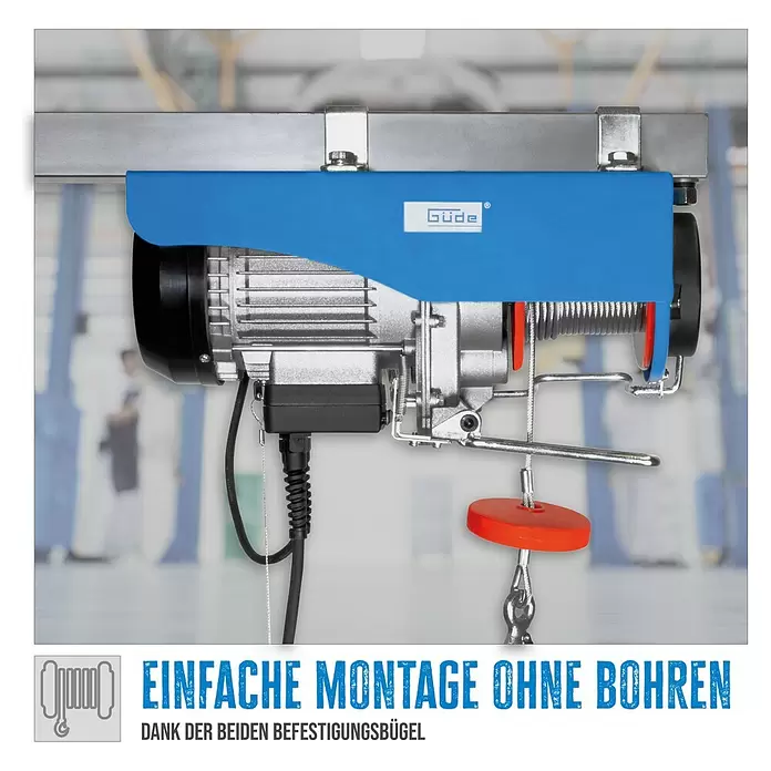 Güde Elektro-Seilhebezug GSZ 500/1000 -  - Blauer und silberner Elektrohebezug auf einem Metallträger montiert, mit einfacher bohrfreier Montage.