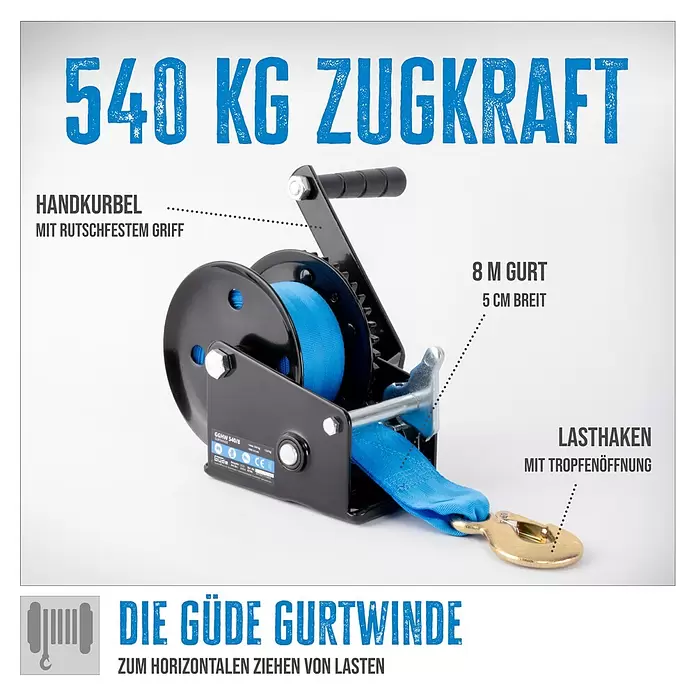 Güde Gurtwinde GGHW 540/8 - Tragkraft: 540 kg - Blaue Güde Gurtwinde mit 540 kg Zugkraft zum horizontalen Ziehen von Lasten, mit 8m Gurt und Lasthaken.