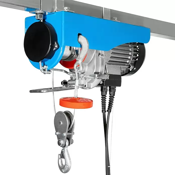 Güde Elektro-Seilhebezug GSZ 500/1000 -  - Blauer und silberner Elektroseilzug mit Stahlseil, Umlenkrolle und Haken, an Metallträger montiert.