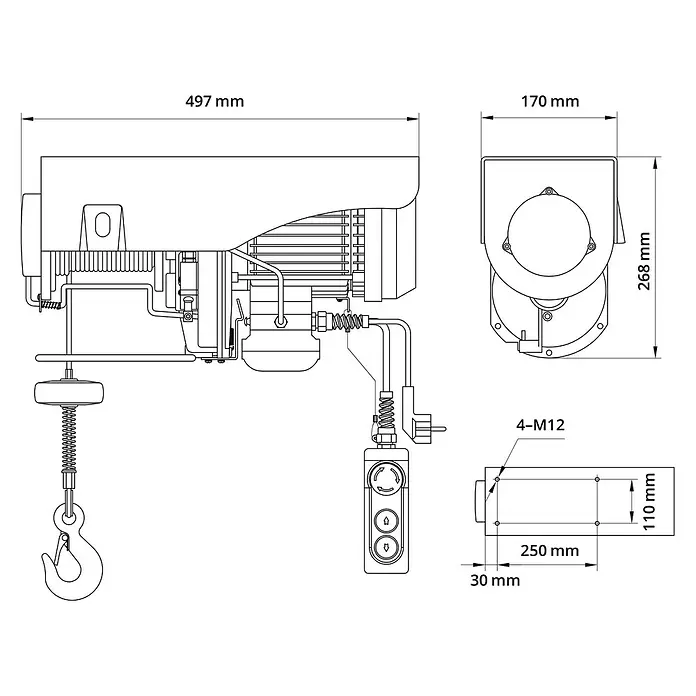 Güde Elektro-Seilhebezug GSZ 500/1000 -  - Technische Zeichnung eines elektrischen Hebezeugs mit Abmessungen, inklusive Haupteinheit, Hebehaken und Fernbedienung.