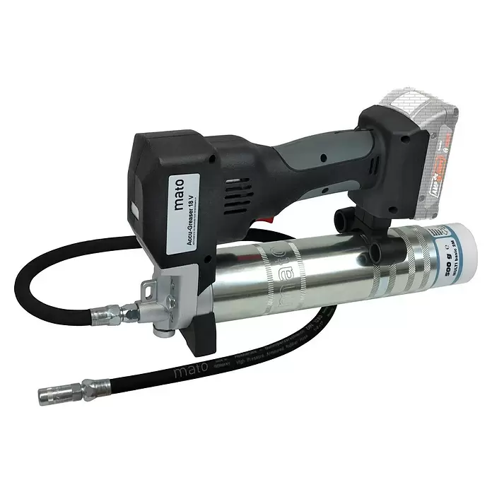 Mato Akku-Fettpresse Basic-SP - 18 V, Ohne Akku, Max. Druck: 700 bar - Ein Mato Accu-Greaser 18V, eine schwarz-graue Akku-Fettpresse mit Metallzylinder und Schlauch.