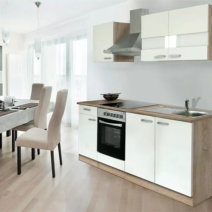 Respekta Cocina compacta Merle - Ancho: 210 cm, Blanco, Con electrodomésticos, Volumen horno: 72 l - Mueble de cocina compacto con frentes blancos brillantes, encimera de efecto madera clara, horno, vitrocerámica y fregadero integrados.
