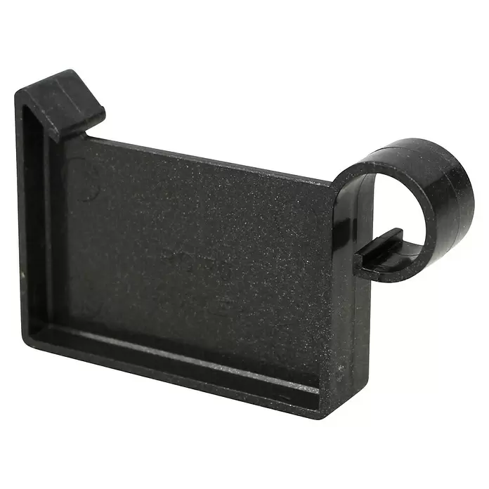 Marley Kastenrinnenendstück - Nennweite: 70 mm, Kunststoff, Anthrazit-Metallic - Schwarzes Kunststoffteil, L-förmig mit einem integrierten C-förmigen Clip.