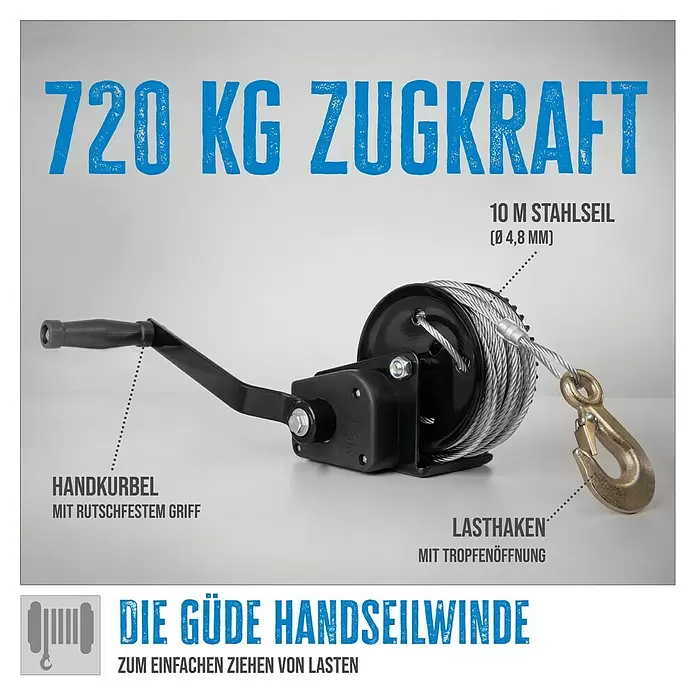 Güde Seilwinde 720 KG 20m - Seillänge: 20 m - Schwarze Handseilwinde mit 10m Stahlseil (Ø4,8mm) und Lasthaken, 720kg Zugkraft zum einfachen Ziehen von Lasten.