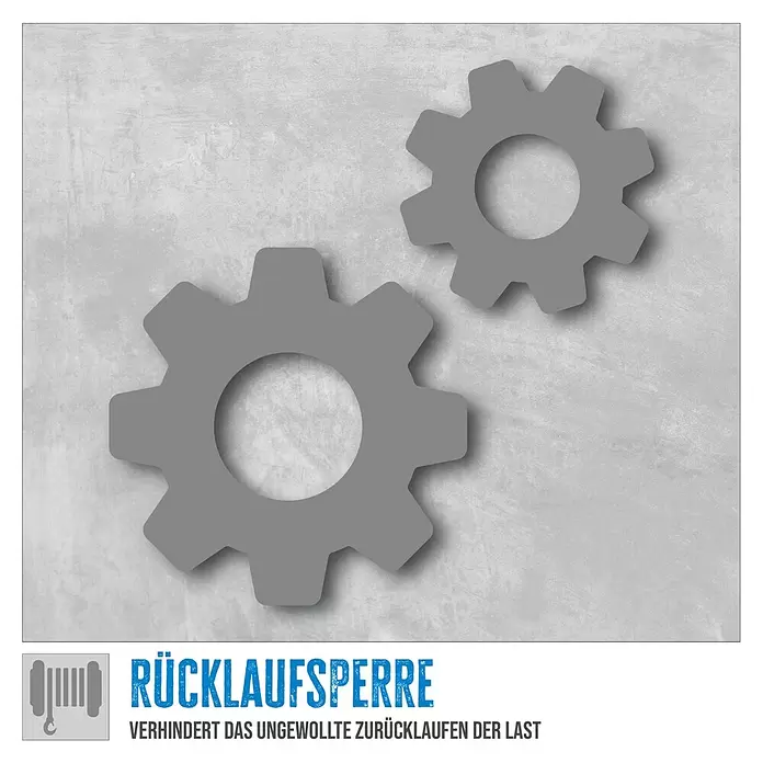 Güde Gurtwinde GGHW 900/8 - 900 kg - Graue Zahnräder symbolisieren eine Rücklaufsperre, die ungewolltes Zurücklaufen der Last verhindert.