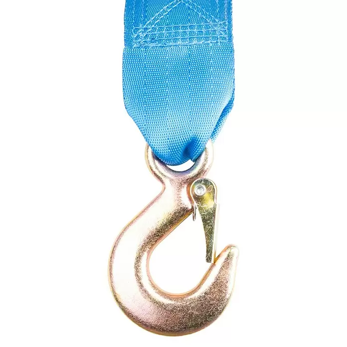 Güde Gurtwinde GGHW 900/8 - 900 kg - Blaues Abschleppseil mit goldfarbenem Metallhaken und Sicherheitsverschluss.
