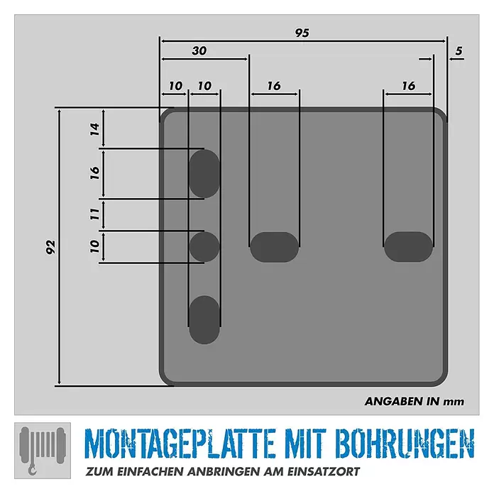 Güde Handseilwinde - Tragkraft: 360 kg - Technische Zeichnung einer grauen Montageplatte mit Langlöchern und Maßen in mm.