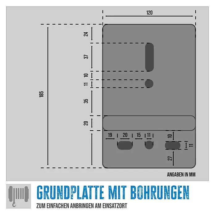Güde Gurtwinde GGHW 900/8 - 900 kg - Dimensionierte technische Zeichnung einer grauen Grundplatte mit verschiedenen Bohrungen und Schlitzen zur einfachen Montage.