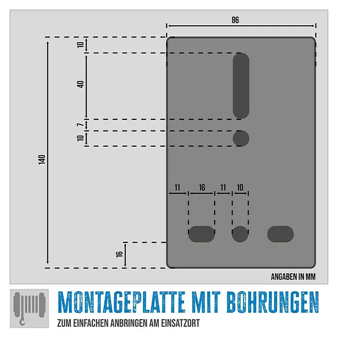 Güde Seilwinde 720 KG 20m - Seillänge: 20 m - Graue Montageplatte mit bemaßten Bohrungen zur einfachen Anbringung.