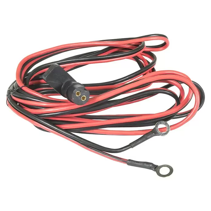 Güde Seilwinde 1800/ 12 V - Max. Hubkraft mit Lenkrolle: 2.720 kg, Seillänge: 3 m - Aufgerolltes rot-schwarzes Elektrokabel mit 2-poligem Stecker und zwei Ringkabelschuhen.