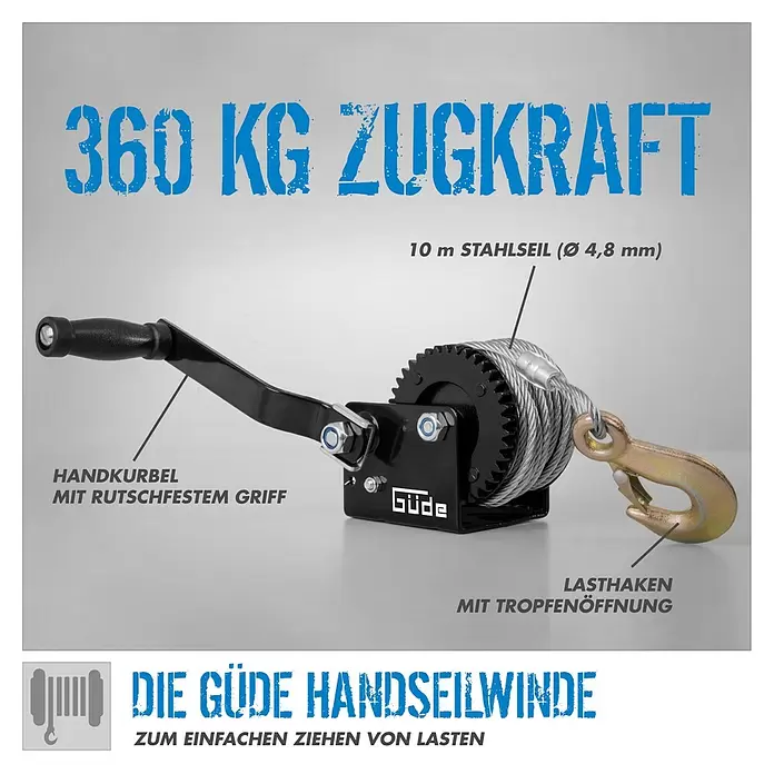 Güde Handseilwinde - Tragkraft: 360 kg - Schwarze Handseilwinde mit 360 kg Zugkraft, 10 m Stahlseil (4,8 mm), rutschfestem Kurbelgriff und Lasthaken mit Tropfenöffnung.