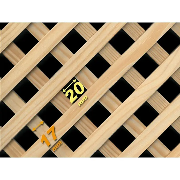 Celosía para exterior D12 Clásica - 85 x 218 cm - Imagen de un panel de celosía de madera con medidas de 20 mm para las aberturas y 17 mm para el ancho de la tira de madera.