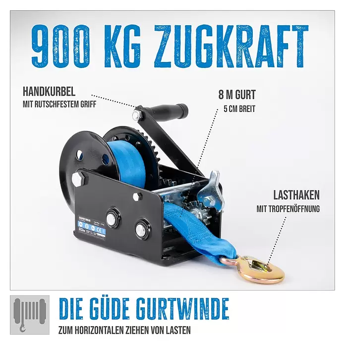 Güde Gurtwinde GGHW 900/8 - 900 kg - Schwarze Güde Gurtwinde mit blauem 8m Gurt und rutschfester Kurbel. Für 900 kg Zugkraft zum horizontalen Ziehen von Lasten.