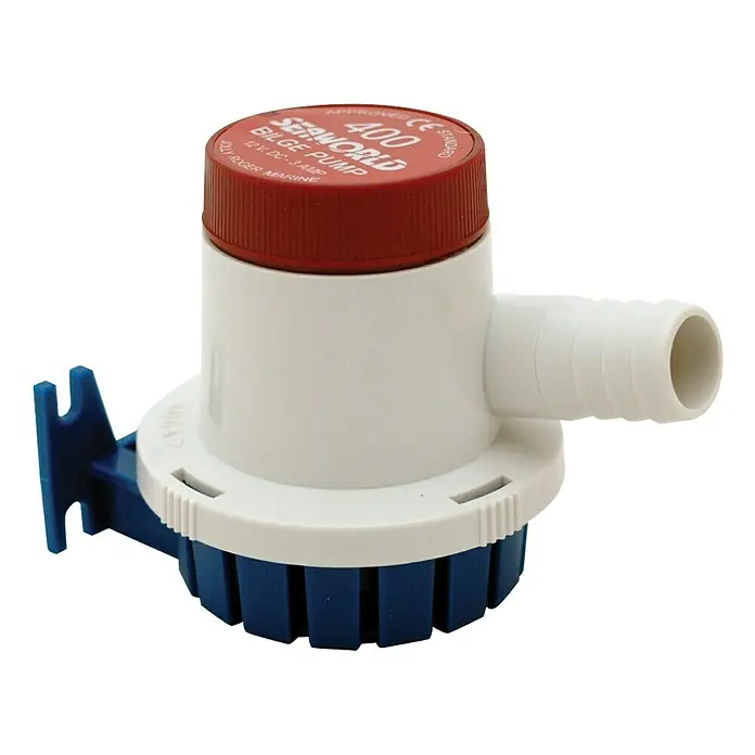Talamex Lenzpumpe V450 - 28 l/min - Eine Seaworld 400 Bilgenpumpe mit rotem Deckel, weißem Gehäuse und blauem Sockel für den Einsatz in Booten, um Wasser abzupumpen.
