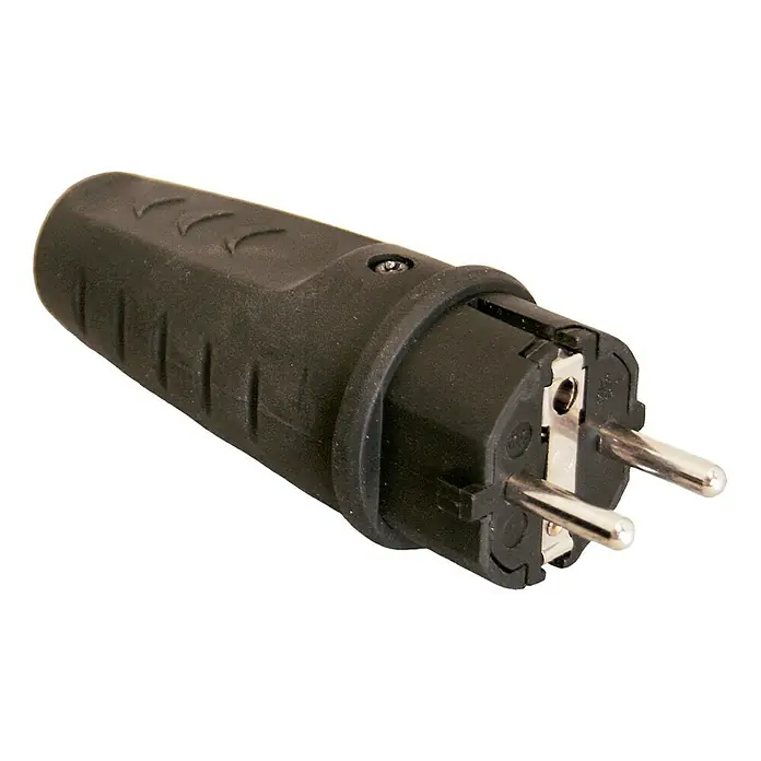 Gummi-Schutzkontakt-Stecker - Geeignet für: Leitungsquerschnitt 3 x 2,5 mm², 16 A - Nahaufnahme eines schwarzen Schuko-Steckers mit zwei runden Stiften und einer robusten Bauweise für den sicheren Gebrauch.