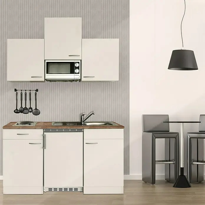 Respekta Cocina compacta Luis - Ancho: 150 cm, Blanco, Con placa de cocina doble, Microondas, Color de la encimera: Nogal - Cocina compacta con fregadero, fogones, microondas y almacenamiento. Ideal para pisos pequeños o apartamentos.
