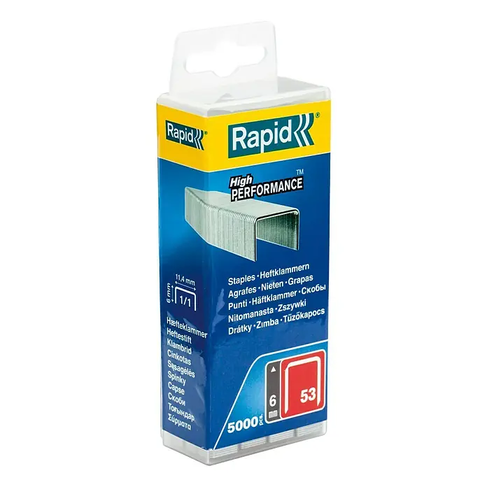 Rapid Heftklammer High Performance 53/6 - Klammertiefe: 6 mm, Stahl, 5.000 Stk., Breite: 0,75 mm, Blisterpack - Verpackung Rapid 53/6 Heftklammern: Hochleistungs-Heftklammern für den täglichen Gebrauch.