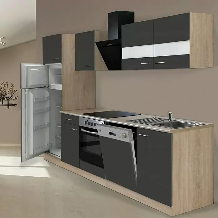 Respekta Composición de cocina Merle - Ancho: 280 cm, Gris, Con electrodomésticos, Volumen horno: 72 l - Cocina compacta con frentes gris oscuro y paneles efecto madera clara, incluye nevera y lavavajillas abiertos.