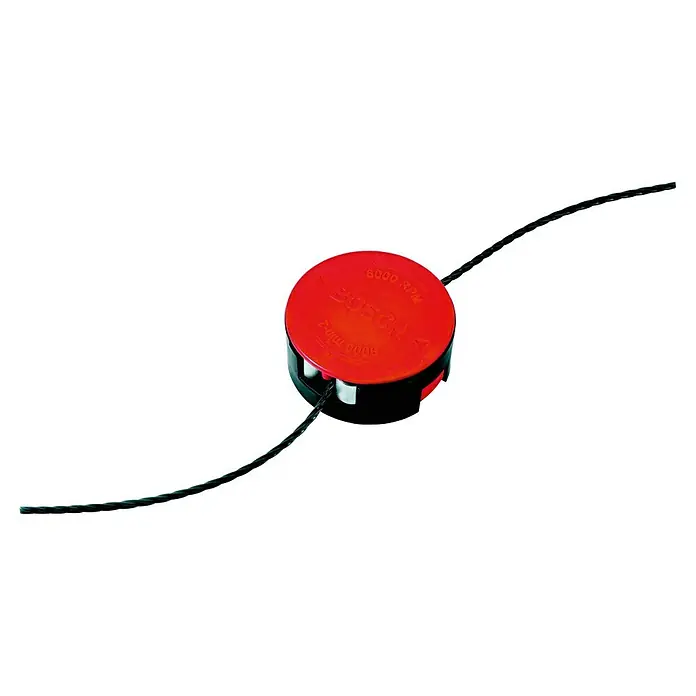Bosch Desbrozadora de disco eléctrica AFS 23-37 - 1.000 W, Ancho de corte hilo: 37 cm, Ancho de corte cuchilla: 23 cm - Primer plano de un cabezal de hilo rojo Bosch con carcasa negra y dos hilos de corte sobresaliendo. La pieza de repuesto es para cortabordes.