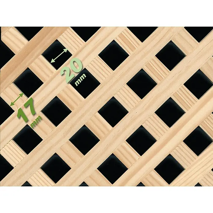 Celosía para exterior E12 Clásica - 32 x 85 cm - Primer plano de una valla de celosía de madera con dimensiones marcadas en verde.
