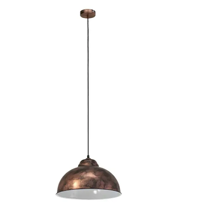 Eglo Pendelleuchte rund - Höhe: 110 cm, Kupfer - Eine einzelne Pendelleuchte mit einem gewölbten Lampenschirm in Kupferoptik, hängt an einem dünnen, schwarzen Kabel von der Decke.