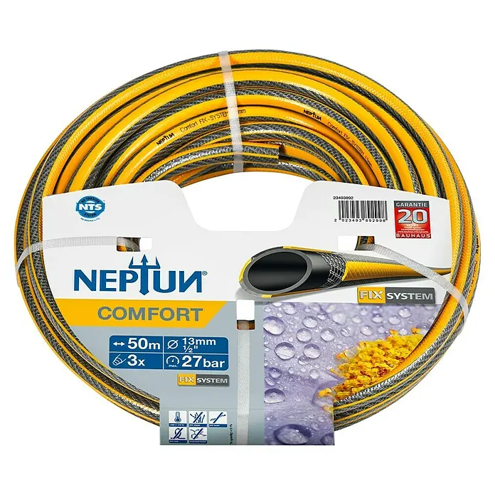 Neptun Comfort Gartenschlauch NTS - Länge: 50 m, Schlauchdurchmesser: 13 mm - Gelber Neptun Comfort Gartenschlauch mit 50m Länge, 13mm Durchmesser und 27 bar Druck, ideal für die Gartenbewässerung.