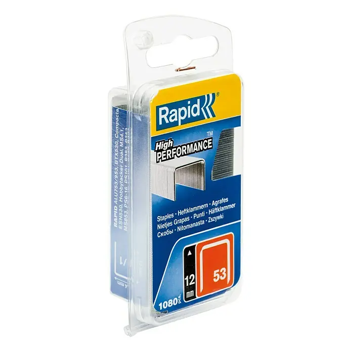 Rapid Heftklammer High Performance 53/12 - Klammertiefe: 12 mm, Stahl, 1.080 Stk., Breite: 0,75 mm, Blisterpack - Bild einer Rapid High Performance Heftklammer 53/12, 1080 Stück. Ideal für diverse Tacker und Anwendungen im Büro und Zuhause.