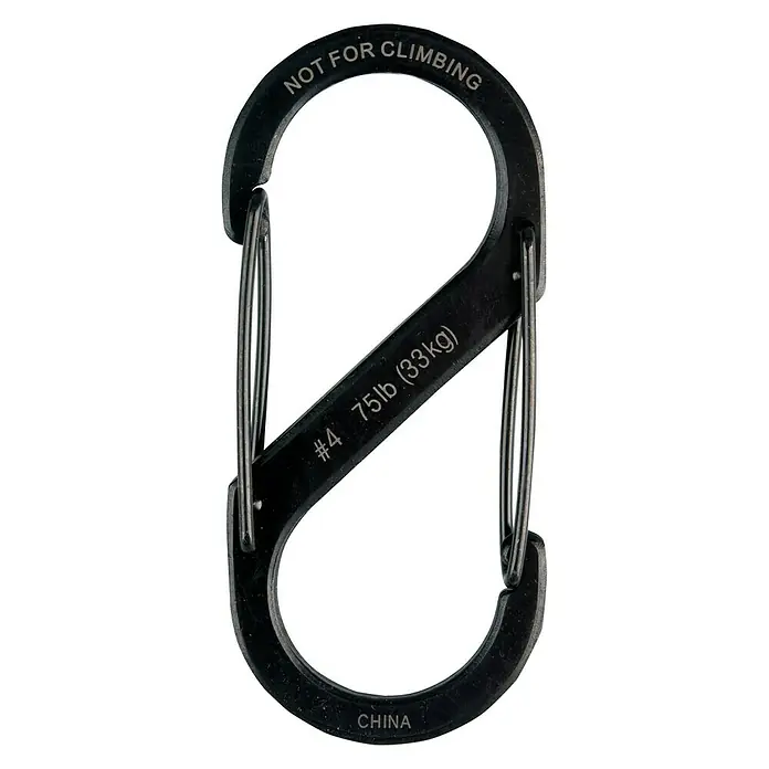 Nite Ize Doppelkarabiner - 89 x 38 mm, Edelstahl, Schwarz, Belastbarkeit: 33 kg - Schwarzer, nicht zum Klettern geeigneter Karabiner mit einer Tragfähigkeit von 33 kg. Ideal für leichte Lasten und als Zubehör.