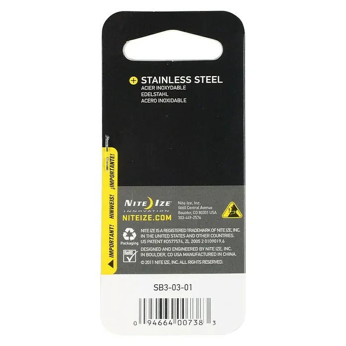 Nite Ize Doppelkarabiner - 67 x 29 mm, Edelstahl, Schwarz, Belastbarkeit: 11 kg - Nite Ize Edelstahl-Produktverpackung.
