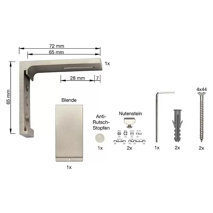 Wandträger - 1 Stk., Edelstahl-Optik, Länge: 6,5 cm - Silberfarbenes Metall-Regalhalterungsset mit Zubehör wie Blende, Antirutsch-Stopfen, Nutensteinen, Werkzeugen und Befestigungsmaterial.